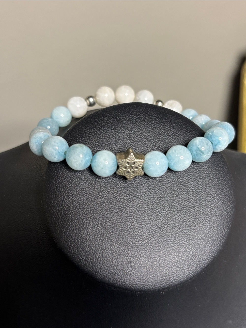 Handcrafted Blue Stone Bead Stretch Bracelet Snowflake Accent - Women Jewelry